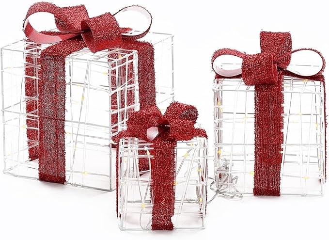 LuxenHome Set of 3 Lighted Gift Boxes, Plug-in Prelit Boxes with Red Ribbon Bows for Xmas Holiday Display, Lawn, Porch, Under Tree Indoor, Outdoor Christmas Decoration.