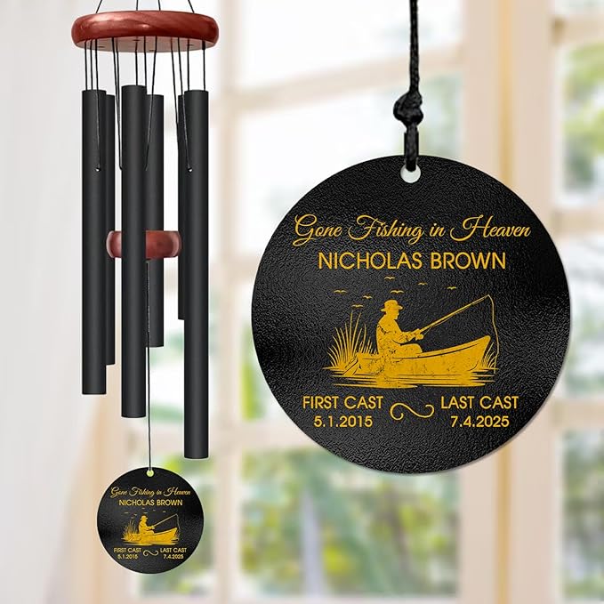 Personalized Gone Fishing Memorial Wind Chime – “Gone Fishing in Heaven” Fisherman Wind Chimes– Custom Name & Dates – Outdoor Sympathy Gift for Men, Dad, or Grandpa – Memorial Garden Decor for Loss