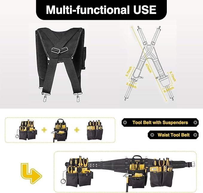 Tool Belt With Suspenders, Tool Belts for Men, 22 Pockets Tool Belt, Heavy Duty Tool Organizer for Framers Carpenter Electrician Construction Woodworker Yellow