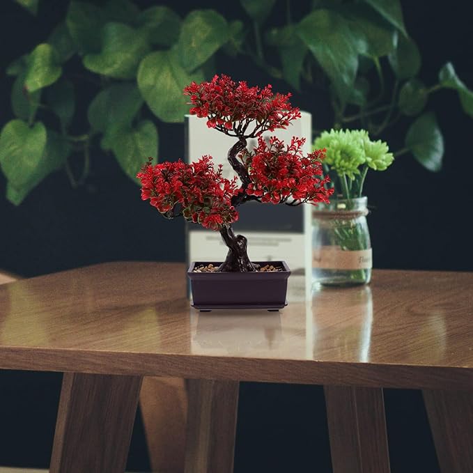 Cabilock Fake Bonsai Tree, Artificial Red Bonsai Tree, Plastic Japanese Potted Pine Decoration for Home Office Showcase Indoor Desktop Display