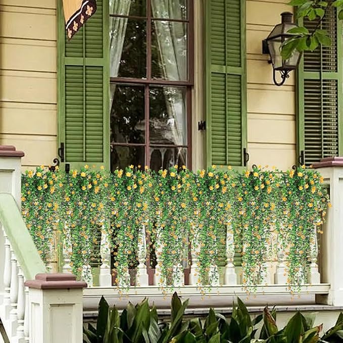 Artificial Hanging Flowers, 3 Pcs Fake Hanging Plants Decor, Artificial Vines for Outdoors, UV Resistant No Fade Artificial Plants Suitable for Indoor Decoration Outdoor Porch Courtyard (Yellow)