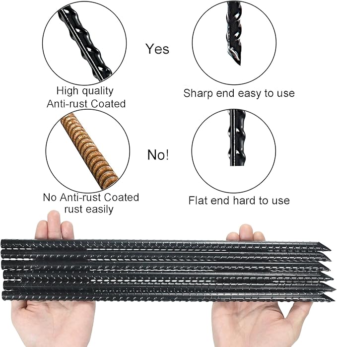 16 Inch Ground Rebar Stakes Heavy Duty Steel Ground Anchors for Outdoor, Straight Metal Stakes with Chisel Point end, Black Powder Coated (8)