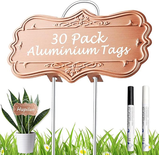 30 Pack Metal Plant Labels,Larger Area 3.7"X 2" Waterproof Garden Markers for Plants Outdoor with 2 Pens,Reusable Aluminum Plant Label Stakes Name Tags for Vegetables Herb Flowers Seedlings