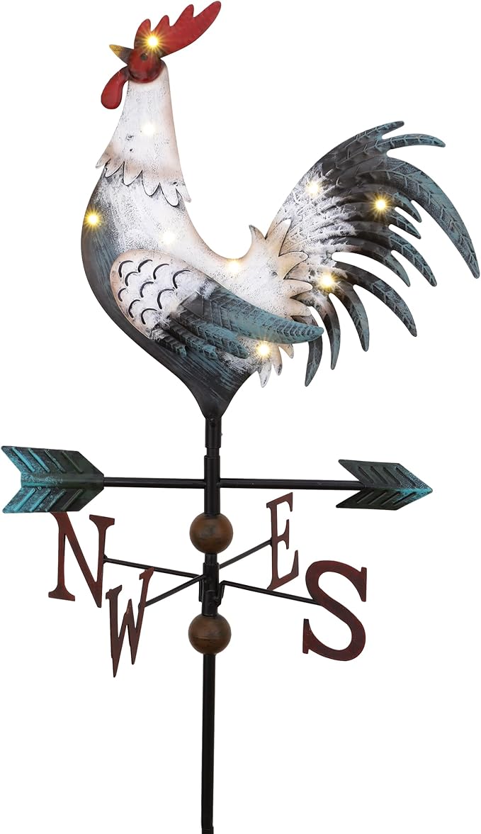 TERESA'S COLLECTIONS Garden Decor with Solar Outdoor Lights, White Rooster Yard Art Sign for Outside, 39.4'' Metal Weathervane Decorative Garden Stake for Outdoor Decor, Lawn, Gifts for Fathers Day