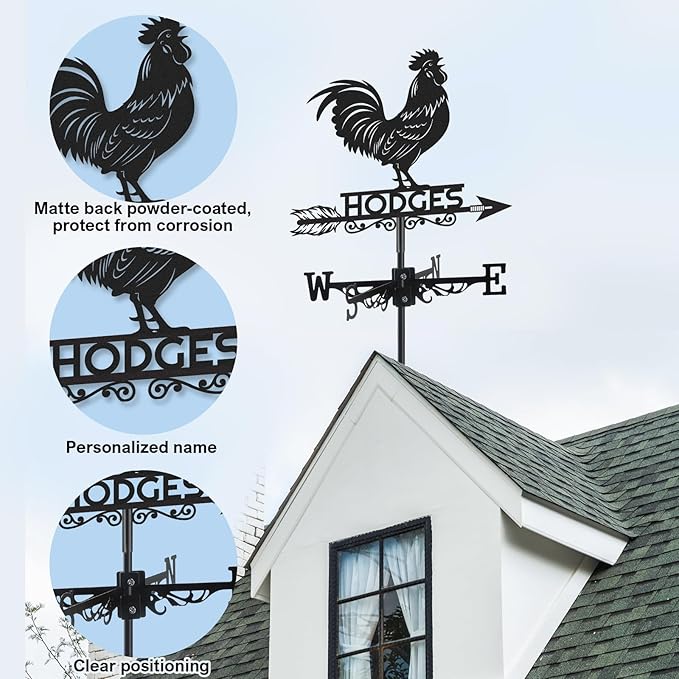Personalized Rooster Metal Weather Vane, Custom Family Name Weathervane, Wind Direction Indicator, Weather Vanes Roof Mount, Wind Vane Outdoor Decor for Yard Farmhouse Cupolas, Housewarming Gifts