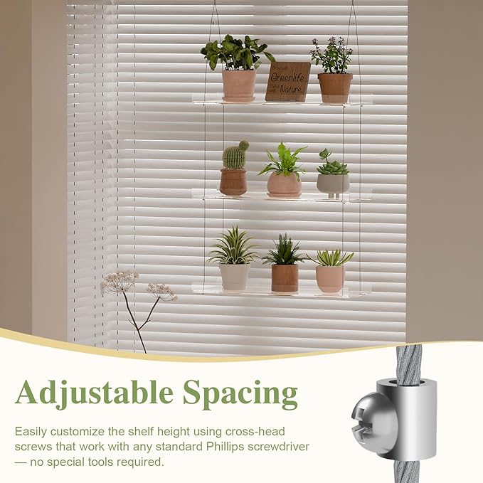 3-Tier Acrylic Window Plant Shelf, 16 Inch Wide Adjustable Hanging Shelf for Succulents, Seed Starters, Herbs, Microgreens