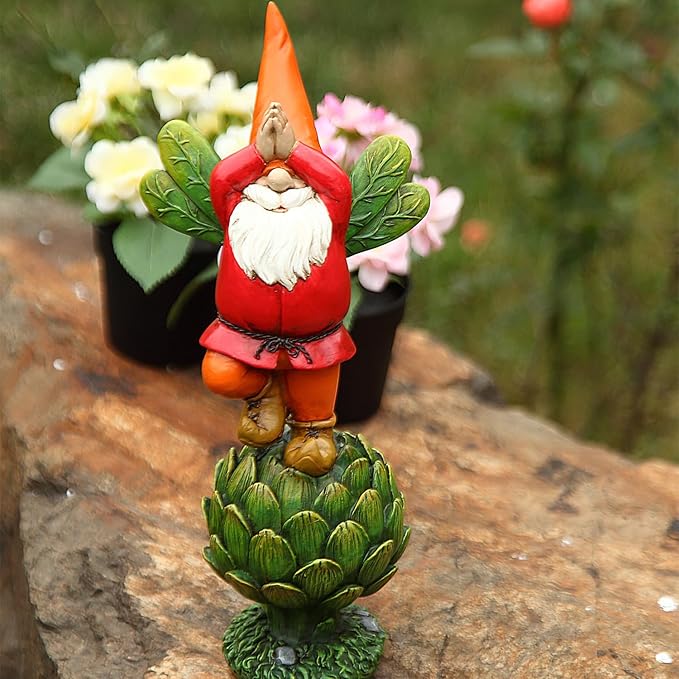 Topadorn Vegetable Garden Prayer Gnome on Green Plant, Hand-Painted Outdoor Statue for Yard & Patio, Idea