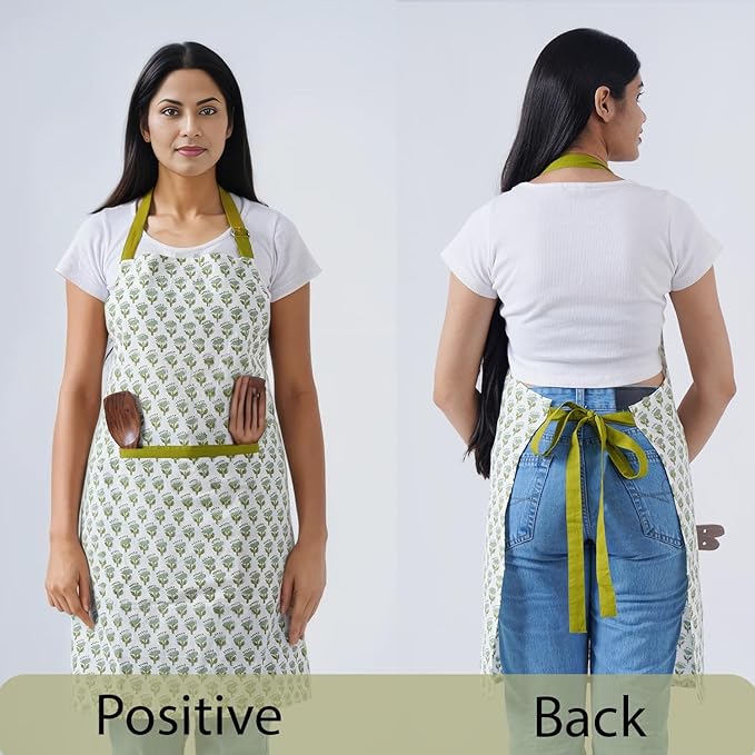 CPC Cotton Floral Kitchen Apron for women with Pocket and Adjustable Neck Ties. Apron for Women Men Chef-Hand Block Printed