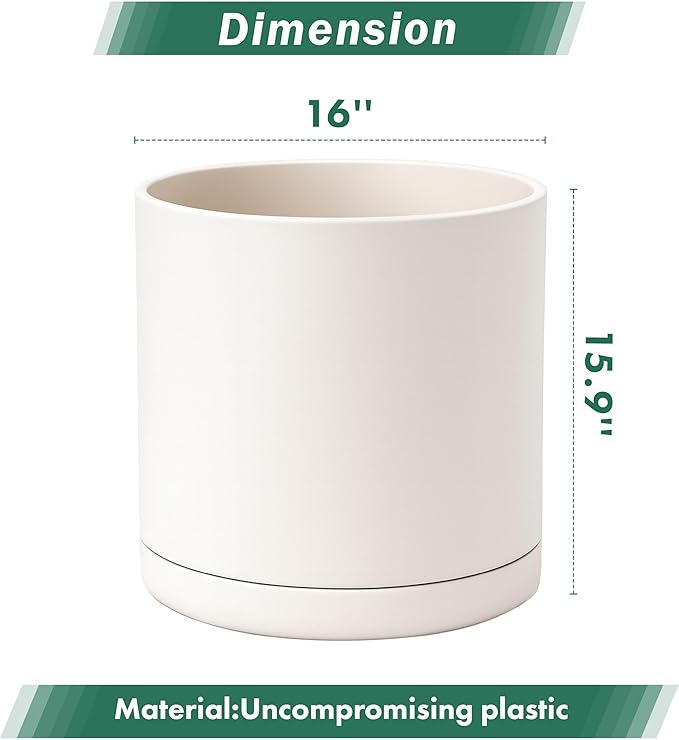 D'vine Dev 16 Inch Plastic Planter Pots for Plant Pot with Drainage Hole and Seamless Saucers, Oatmeal, 74-X-H-5