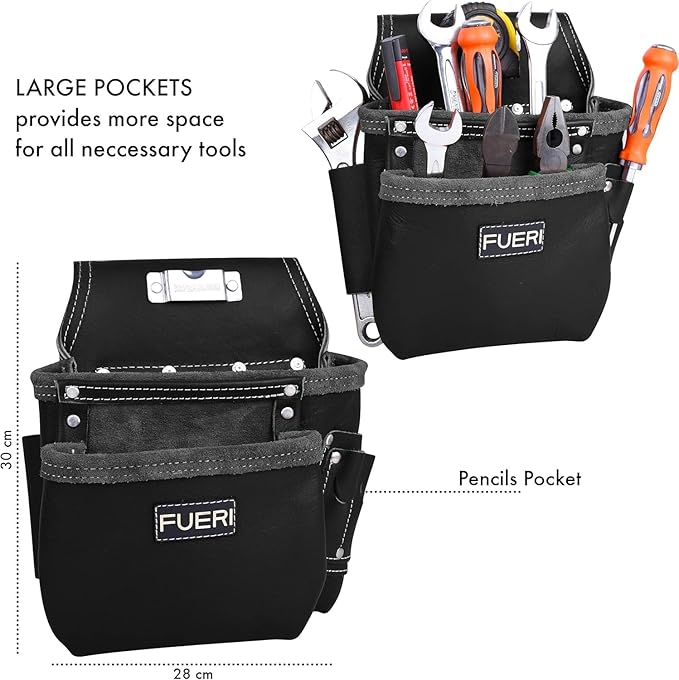 FUERI Leather Tool Belt 17 Pocket Pouches Bags Men Suspenders Holder Organizer for Carpenter Construction Electrician - Black