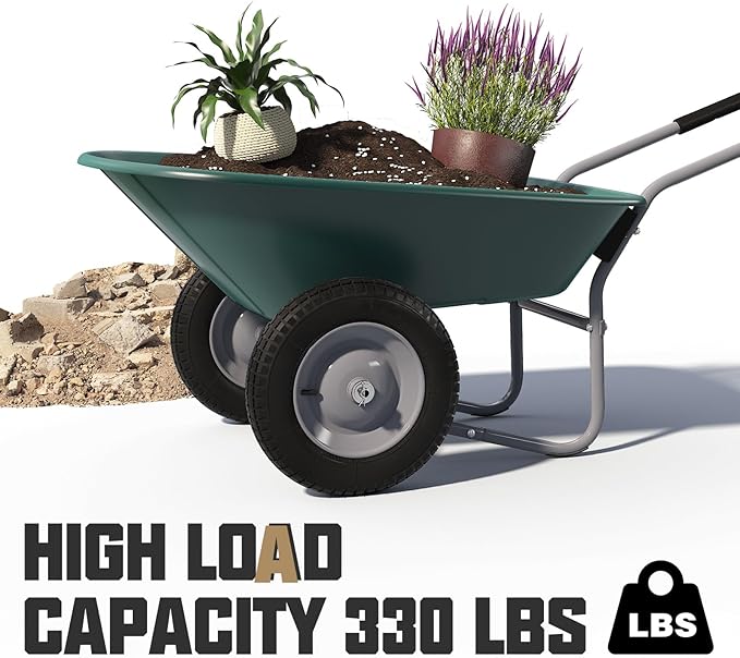 ARNOT Enlarged Dual-Wheel Wheelbarrow, Easy Loading and Dumping Garden Cart, Heavy Duty Utility Dump Cart for Lawn, Yard, Farm, Gardening & Planting, Green