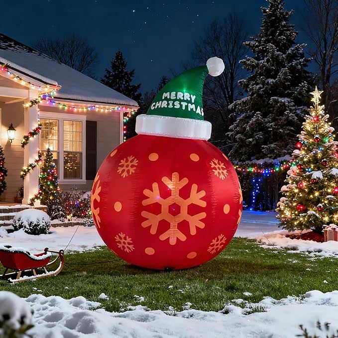 8ft Red Christmas Ball with Santa Hat Inflatable Outdoor Indoor Decor, Giant Blow Up IP44 Weatherproof Xmas Decorations for Yard, Built-in 7-Color LED Rotating Light for Gardern Lawn Winter Holiday