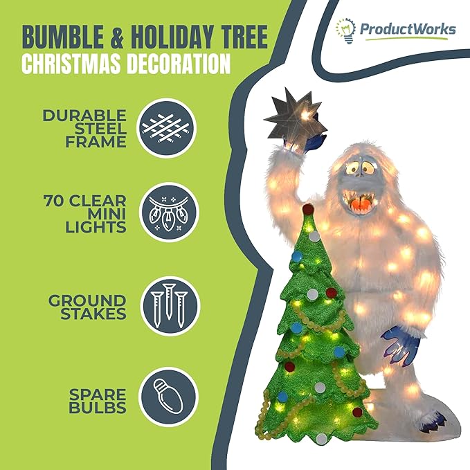 ProductWorks 32 Inch Bumble The Abominable Snow Monster and Christmas Tree Indoor/Outdoor Yard Ornament, Holiday Display with 70 Clear LED Lights