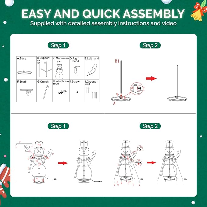 VINGLI 6FT Lighted Snowman Holding Candy Cane Christmas Yard Decorations, Prelit Pull Up Snowman with 210 White LED Lights, Outdoor Lighted Xmas Yard Decorations for Lawn Garden Porch Indoor Décor