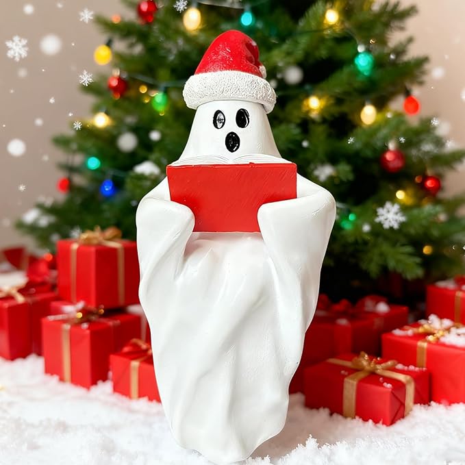 Christmas Figurine Cute Funny Figurines with Xmas Hat Read a Book Design Unique Ghost Xmas Indoor Decorations for Christmas Decor Home OfficeTable Bedroom Desktop Display Ornaments 1 PCS