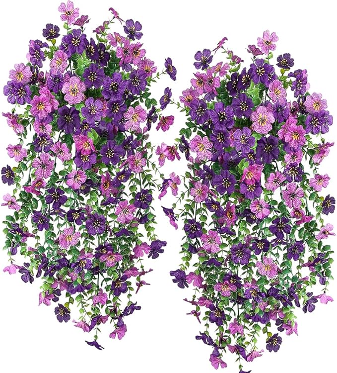Artificial Hanging Plants Flowers Fake Outdoor Plants Artificial for Porch Hanging Faux Flowers Outdoor Home Porch Decor (2Pcs, Double Purple)