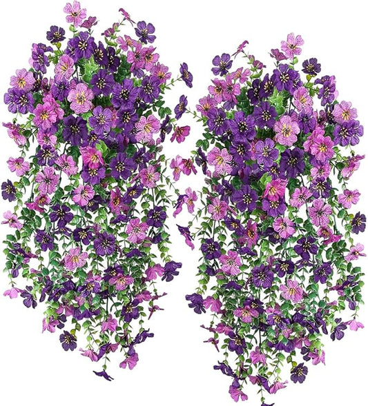 Artificial Hanging Plants Flowers Fake Outdoor Plants Artificial for Porch Hanging Faux Flowers Outdoor Home Porch Decor (2Pcs, Double Purple)