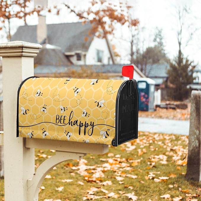 Spring Bee Happy Mailbox Cover Magnetic 25.5x21 Inch Summer Yellow Honeycomb Decorative Waterproof Mailbox Wrap Farmhouse Letter Post Cover Large Size for Garden Yard Outside