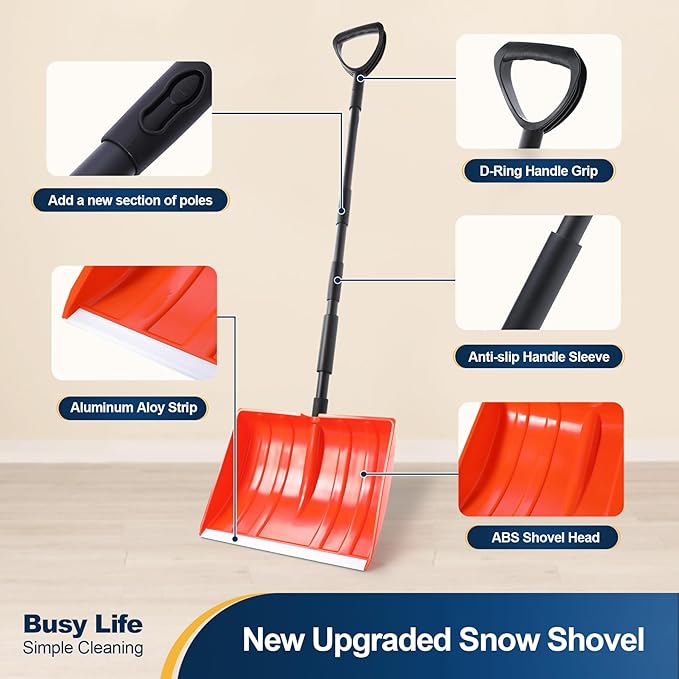 Yocada Snow Shovel for Driveway Home Garage Snow Removal Aluminum Strip with D-Grip Handle 55 inch Long Large Capacity Shovel for Garden Car Camping Outdoor Orange