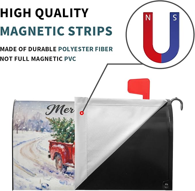 Christmas Red Truck Large Mailbox Covers Magnetic Oversized Rustic Snow Scene Xmas Tree Merry Holiday Outdoor Decorative Farmhouse Letter Box Cases for Home Garden Outside Decor, 25.5x21 Inch