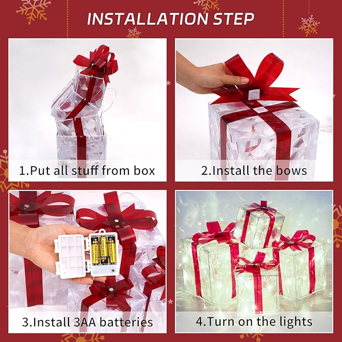 Christmas Lighted Gift Boxes, Pre-lit Lights Gift Boxes Set of 4, Light up Present Boxes Set Battery Operated with Different Sizes for Holiday Indoor Outdoor Decorations(Cool White)