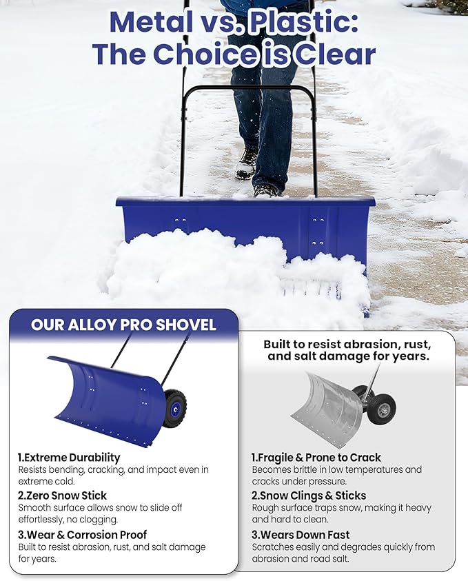 Snow Pusher with Wheels for Driveway, 29.5" Wide Heavy Duty Steel Blade, 2-Position Height Adjustment & 60° Tilt Handle, Ergonomic Push Snow Shovel with Ground Protection for Effortless Snow Removal