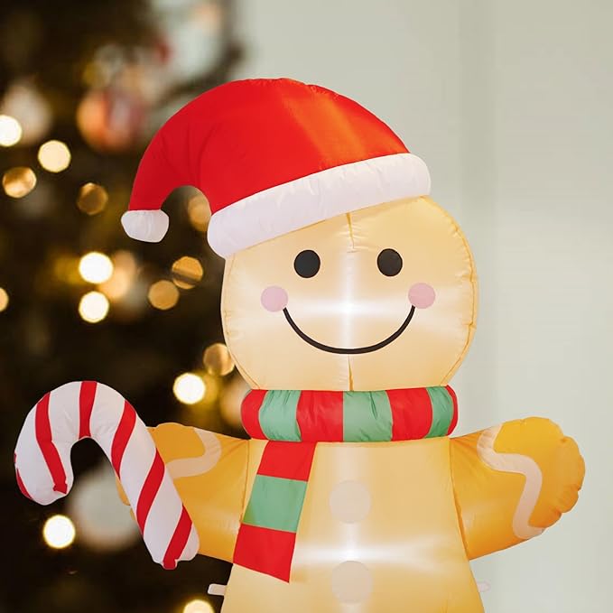 Christmas Inflatable Gingerbread Man with Giant Gift Box 6 FT, Outdoor Xmas Holiday Decorations Blow Up, Inflatable Yard Decorations with Build-in LED Lights