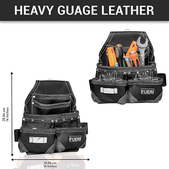 FUERI 16 Pocket Leather Tool Belt for Men, Comes with Heavy Duty Tools Pouches, 3 Hammer holders, Adjustable Belt, Carpenter tool Organizer for Carpenter, Construction, Electrician Rig.