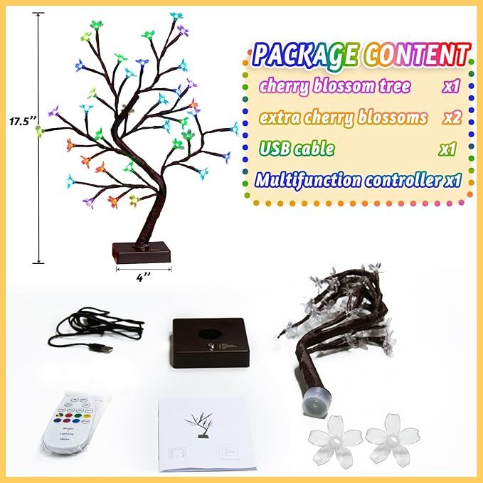 PEIDUO RGBW Cherry Blossom Tree, Light up Bonsai Tree 36 Color-Changing LED, Lit Spirit Tree Lamp with Controller for Christmas Indoor Home Bedroom Tabletop Decoration, USB/Battery Powered, 17.5 Inch