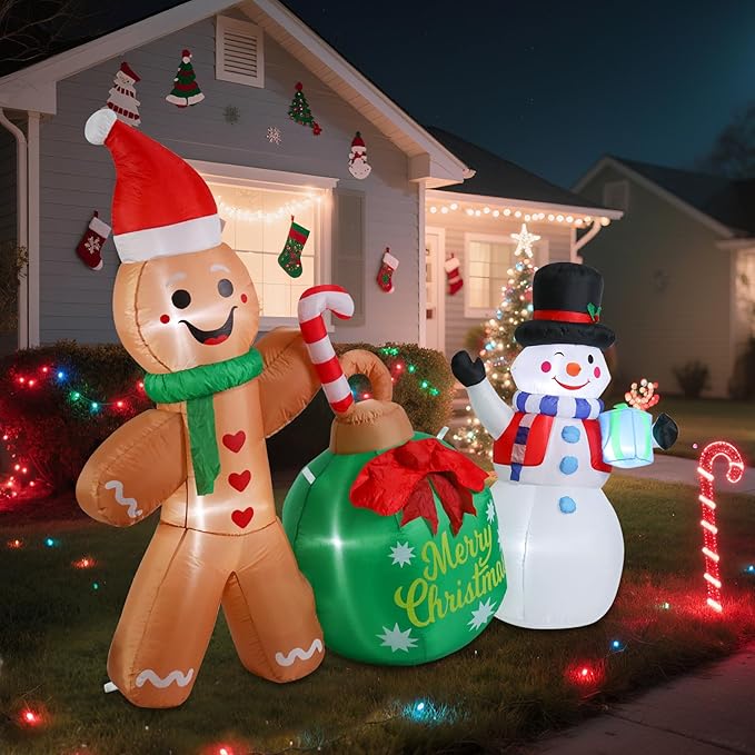 5 FT Christmas Inflatable Outdoor Decorations, Inflatable Snowman and Gingerbread Man with Christmas Ball Built-in LED Lights Blow Up Yard Decorations for Holiday Indoor Outdoor Party Garden Lawn