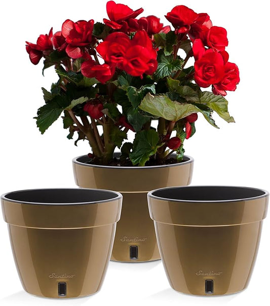 Santino ASTI 7.9 Inch Self Watering Planters Gold/Black (Set of 3) for Indoor Plants - Premium Quality Modern Plastic Pot w/Water Level Indicator for All House Plants, African Violets and Dahlias