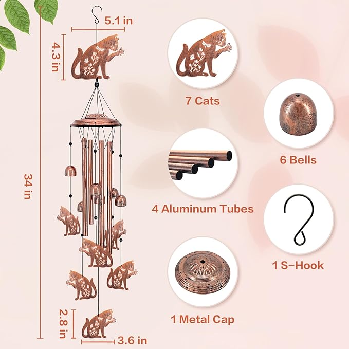 Cat Wind Chimes Outdoor Cat Gifts for Women Men Mom Dad Birthday Unique Gardening Gifts Metal WindChimes for Outside/Indoors, Lawn, Patio, Home, Yard Decor, Garden Decorations
