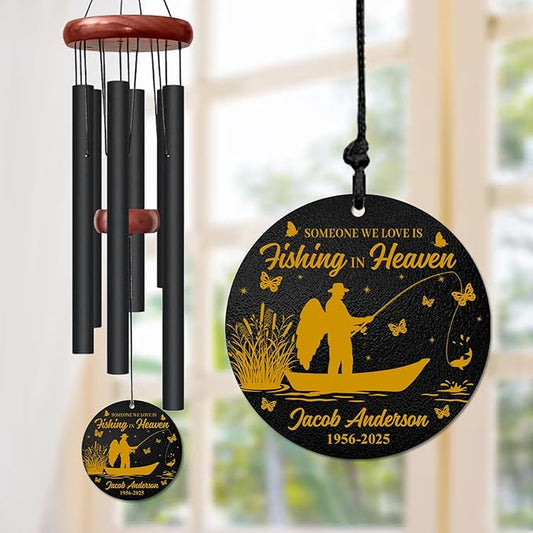 Personalized Gone Fishing Memorial Wind Chime – “Fishing in Heaven” Fisherman Wind Chimes– Custom Name & Dates – Outdoor Sympathy Gift for Men, Dad, or Grandpa – Memorial Garden Decor for Loss