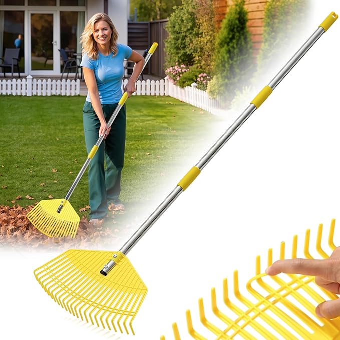 Garden Rake for Leaves - Extra Wide 17" Leaf Rake,Lightweight Long Handle for Women Seniors Kids Effortless Clean-Up,23 Non-Clog Flexible Tines for Lawn-Friendly,65” Adjustable Plastic Rakes for Yard