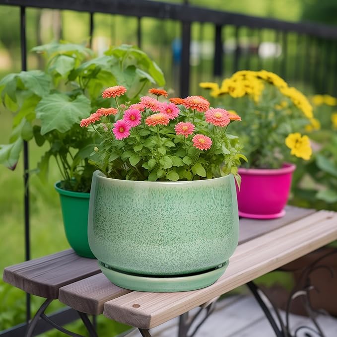 G EPGardening Ceramic Planter - 9 Inch Plant Pot with Drainage Hole and Saucer, Modern Round Planter, Flower Pot for Indoor Outdoor Plants, Garen House Room Decor, Housewarming Gifts, Green