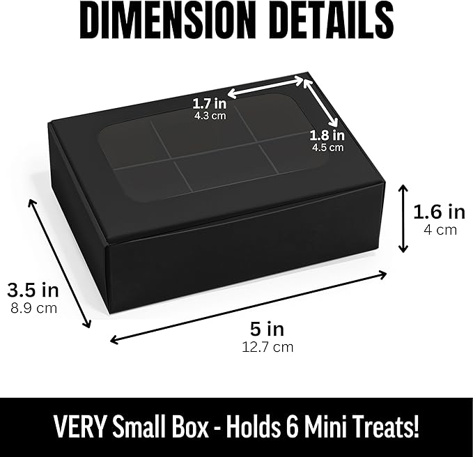 25 pcs Black Mini Truffle Box for 6 treats with Window and Dividers, Bakery Boxes, 5 x 3.5 x 1.57 Inches VERY SMALL Baking Boxes, Square Truffles Box Decorating Supplies for Gift Giving