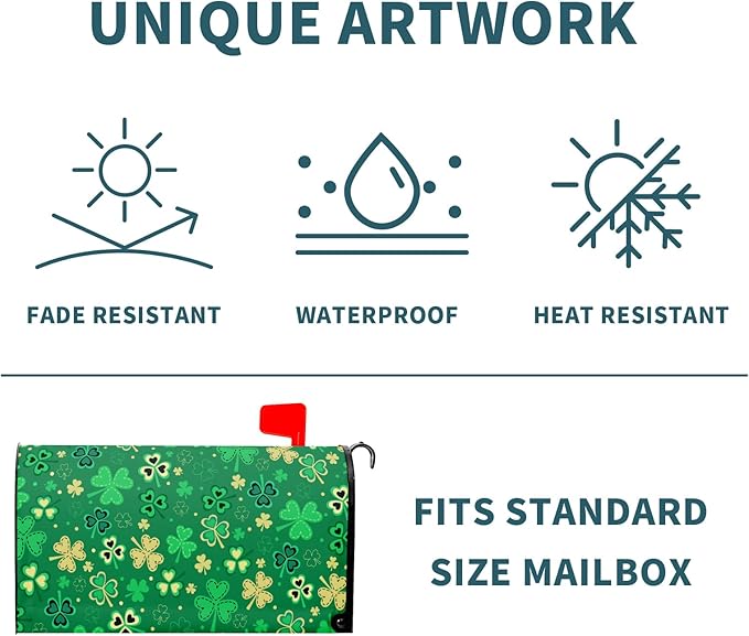 St Patrick's Day Magnetic Mailbox Cover - Standard Size 21 X 25.5 Inch Green Gold Shamrock Design - Post Box Wrap for Outdoor Garden Home Yard Decoration