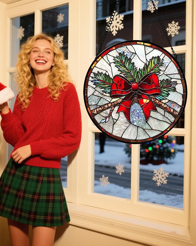 Stained Glass Window Hanging - Pine Branches Red Bow Suncatcher for Doors Home Christmas Decoration Silver Sun Catcher Thanksgiving New Year Birthday Gifts for Women Men Mom Nana 11.8 in