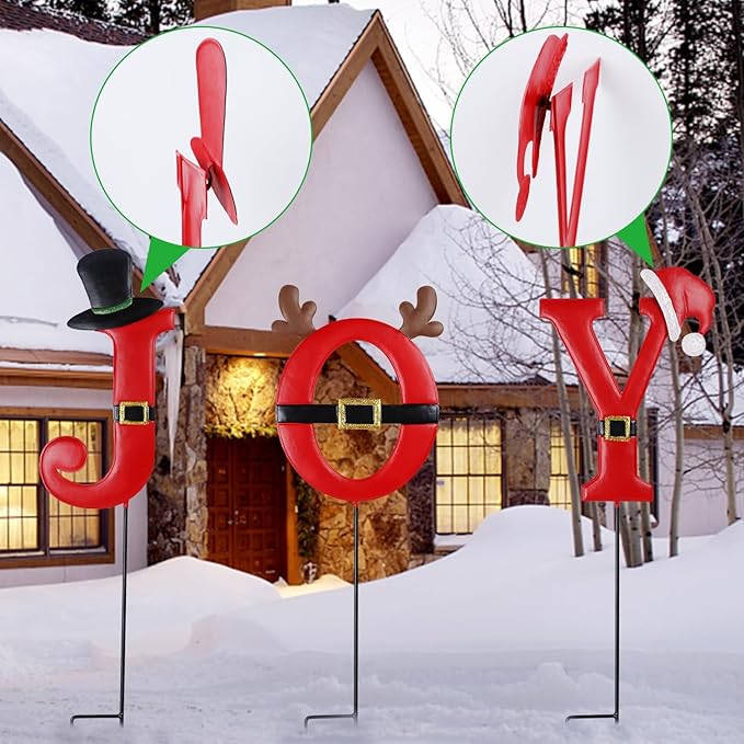 FORUP Joy Christmas Decorations - 3 Pcs Metal Garden Stakes for Outdoor Lawn Yard Decor