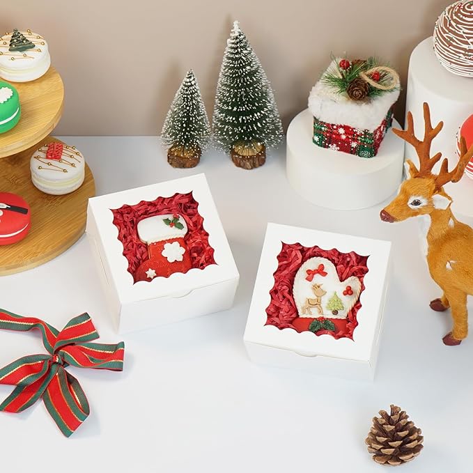 40 Pack Cookie Boxes 4x4x2 Inch Bakery Boxes with window Treat Box Chocolate Covered Strawberries Box for Christmas Valentine's Mother's Day