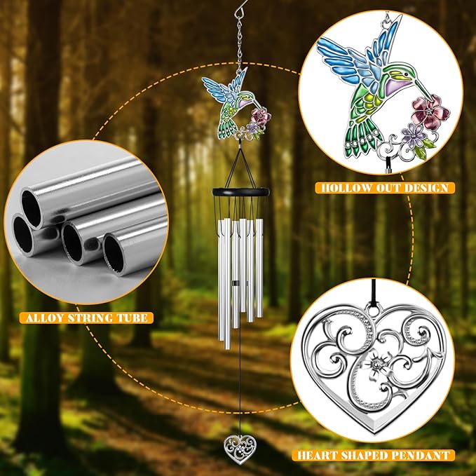 Outdoors Hummingbird Wind Chimes Sympathy Memorial for Loss of Loved One - Soothing Melodic Tones Aluminum Chime Great as a Gift for Your Patio Porch Garden and Backyard (Hummingbird,Heart)