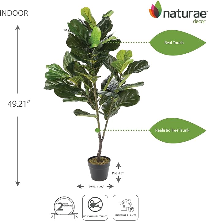 Naturae Decor Fiddle Leaf Plant - Lifelike Artificial Indoor House Plant - 49 in High