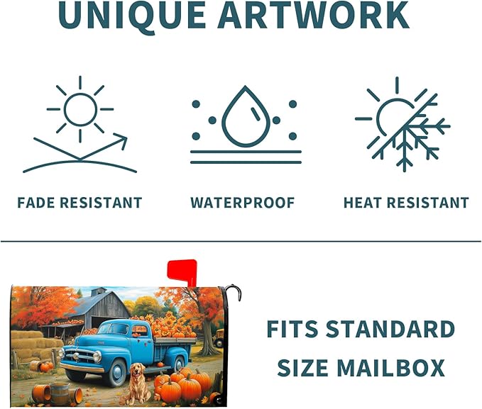Fall Truck Mailbox Cover Magnetic 25.5"x21" Autumn Maple Tree Leaf Pumpkins Sunflower Farm Puppy Mailbox Wrap Post Cover Large Size Waterproof for Garden Yard Outdoor Outside Decor