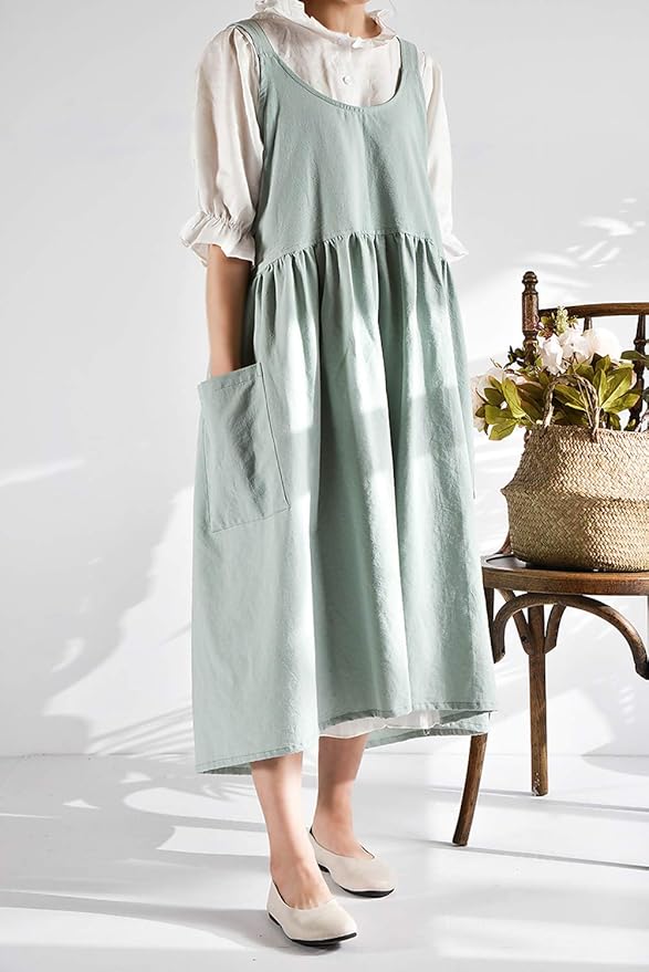 NEWGEM Cotton Linen Cross Back Apron for Women with Pockets for Cooking Gardening Turquoise without Waist Ties