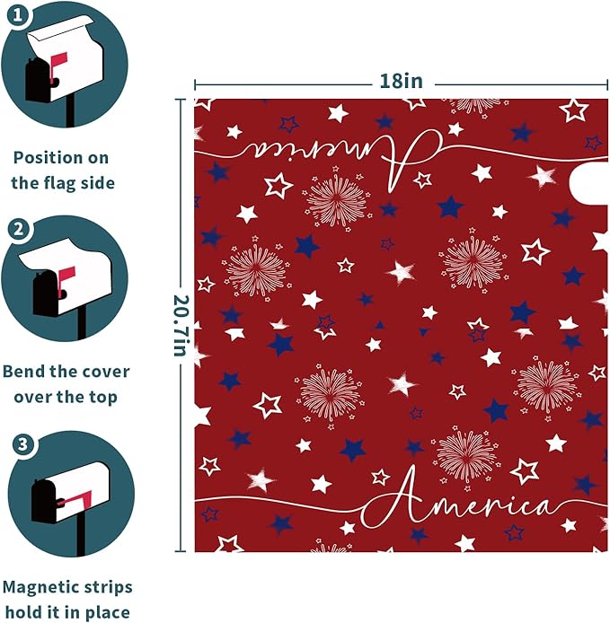 4th of July Mailbox Cover Magnetic 21"x18" Patriotic America Stars Fireworks Decorative Mailbox Wrap Independence Day Letter Post Cover Standard Size for Garden Yard Outdoor