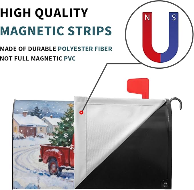 Merry Christmas Red Truck Mailbox Covers Magnetic Standard Size Xmas Tree Snowflake Snow Scene Holiday Outdoor Decorative Farmhouse Letter Box Cases for Home Garden Outside Decor, 21x18 Inch