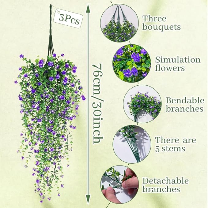 Artificial Hanging Flowers, 3 Pcs Fake Hanging Plants Decor, Artificial Vines for Outdoors, UV Resistant No Fade Artificial Fake Hanging for Indoor Decoration Outdoor Porch Courtyard (Purple)