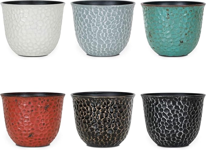Worth Garden Plastic Round 8 Inch Planters for Indoor Plants Set of 6 Outdoor Resin Flower Pots Colorful with Drainage Hole Rubber Plug Retro Appearance Home Christmas Decorative Containers Multicolor
