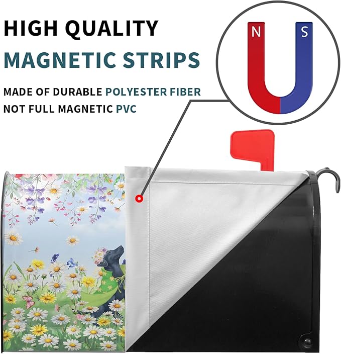 Spring Dog Mailbox Cover with Magnetic 25.5x21Inch Colorful Wildflower Butterfly Puppy Waterproof Mailbox Wrap Letter Post Cover Large Size for Garden Yard Outdoor Season Outside Decor