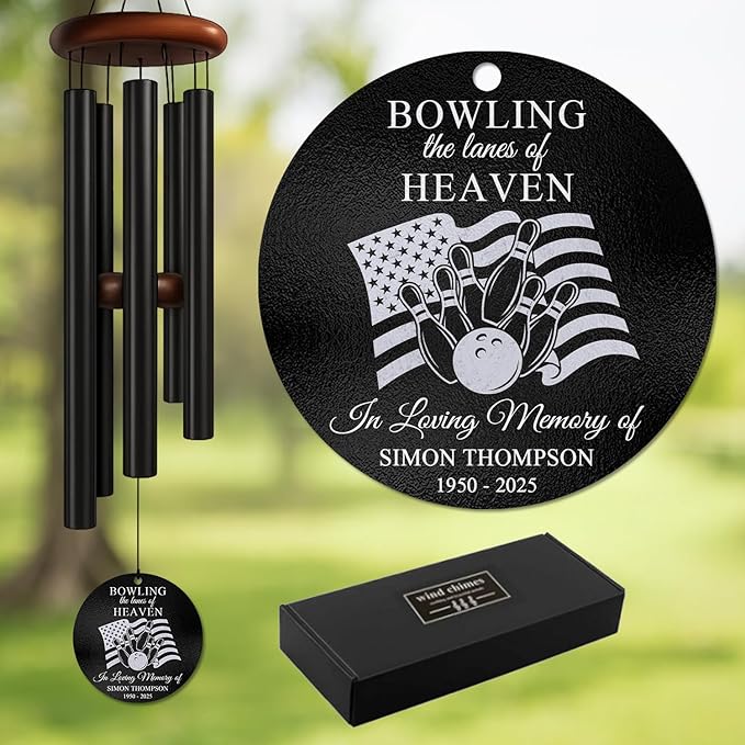 Personalized Bowling Memorial Wind Chime – “Bowling The Lanes of Heaven” Custom Engraved Name & Years – Sympathy Gift for Bowlers & Sports Lovers – Memorial Windchime Tribute for Loss of Loved One